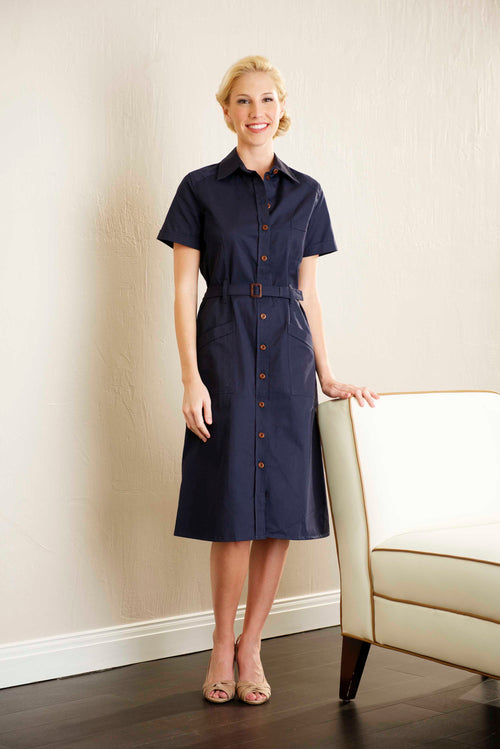 stylish navy dress with buttons for hospitality